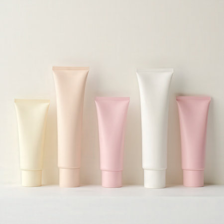 Cream tubes in soft pastel shades are neatly arranged on a smooth white surface, creating an elegant and modern aesthetic ideal for product display.の素材