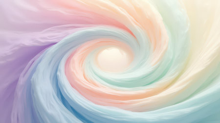 A soothing vortex of soft pastels lavender, peach, and mint green creates a tranquil, harmonious atmosphere.の素材
