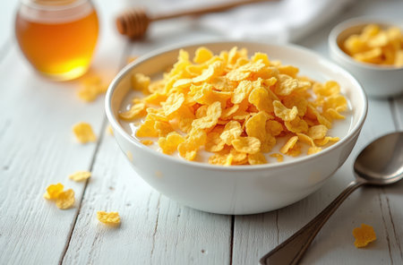 A bowl filled with crispy golden cornflakes is topped with cold milk, served with honey on the side, creating a delightful breakfast setting.の素材