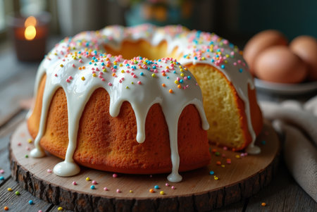 A vibrant Easter kulich adorned with icing and sprinkles rests on a rustic wooden board, inviting taste and celebration.の素材