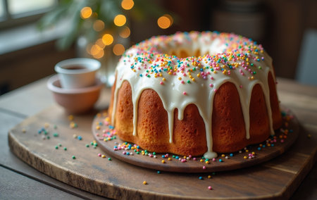 A freshly baked kulich is displayed on a wooden board, decorated with icing and colorful sprinkles, perfect for Easter celebrations.の素材