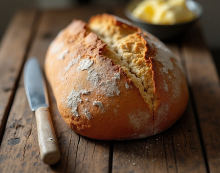 A crusty loaf of bread is placed on a wooden table, showing its golden crust and dusting of flour. Butter is visible in a bowl behind.の素材