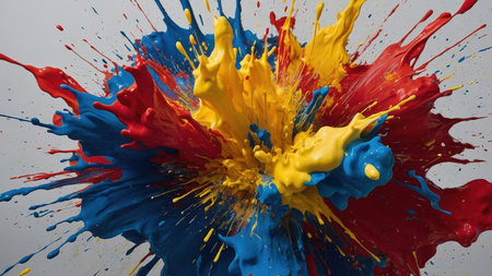 Bright splashes of blue, red, and yellow create a stunning abstract explosion, highlighting energy and creativity.の素材
