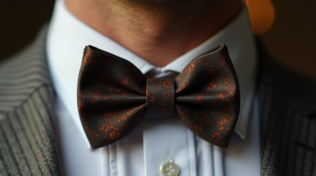 A man highlights his fashionable bowtie with a distinctive pattern, complementing his formal look in a refined setting.の素材