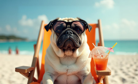 A pug lounging on a beach chair under the sun, sporting sunglasses and sipping a colorful drink. The vibrant ocean serves as a backdrop.の素材