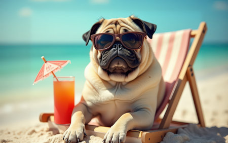 A pug enjoys a sunny beach day, lounging in a chair with sunglasses, sipping a colorful drink with a tiny umbrella.の素材