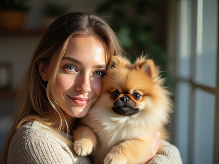 A young woman smiles brightly while hugging her fluffy Pomeranian dog, illuminated by warm natural light in a serene indoor setting.の素材