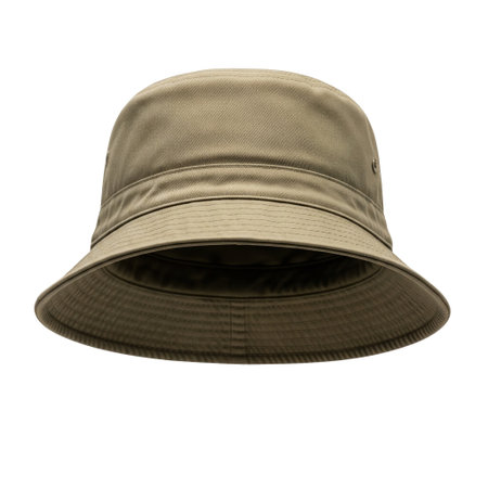 A classic khaki cotton bucket hat for fishing and hiking. This casual outdoor headwear provides sun protection for travel.の素材