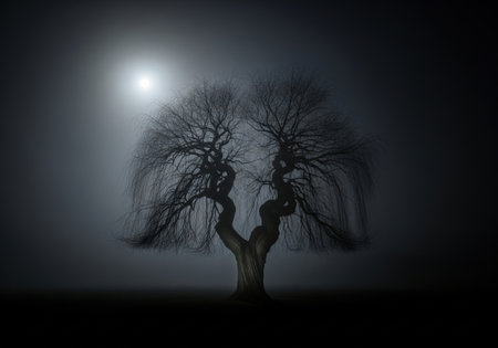A spooky weeping willow tree in the fog at night. The full moon creates a mysterious and eerie fantasy landscape scene.の素材