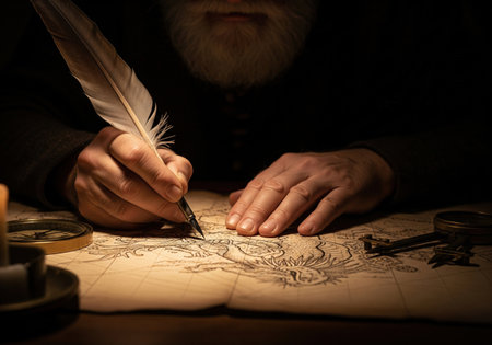 Close up of a cartographer's hands drawing a vintage map with a quill pen. The scene is lit by candlelight with a compass nearby.の素材