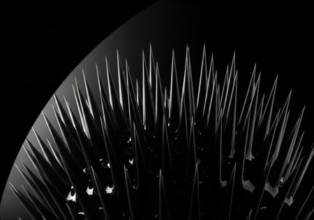 An abstract macro image of black ferrofluid. The liquid metal forms sharp spikes and peaks in response to a magnetic field.の素材