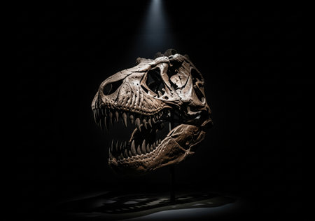 A Tyrannosaurus Rex skull, a fossil exhibit in a museum. The powerful dinosaur skeleton is lit by a spotlight on a black background.の素材