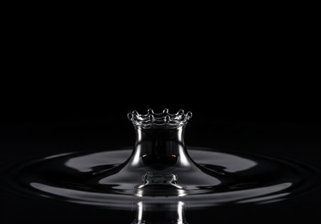 A macro close up of a water drop splash. The impact creates a beautiful crown shape with ripples on the water surface.の素材