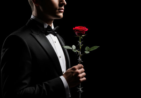 A conceptual image of a man in a tuxedo holding a red rose. The stem is made of barbed wire, symbolizing dangerous or painful love.の素材