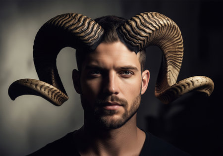 A fantasy portrait of a handsome man with large ram horns. This image can represent the aries zodiac sign or a mythic faun.の素材