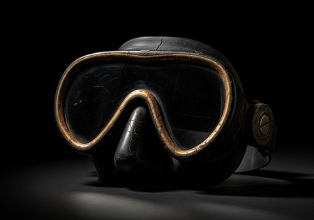 A close up of an old vintage diving mask with dramatic lighting. The retro scuba equipment is cracked and rusty, on a black background.の素材