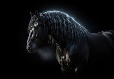 A fantasy portrait of a majestic black stallion. Its long, flowing mane sparkles with magical stardust against a dark, dramatic background.の素材