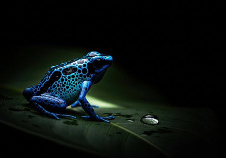 A close up of a blue poison dart frog sitting on a large green leaf. This vibrant amphibian is next to a water droplet in a dark tropical rainforest.の素材