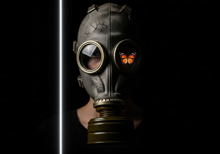 A surreal and conceptual portrait of a person in a gas mask. A beautiful butterfly is trapped inside one of the eye lenses.の素材