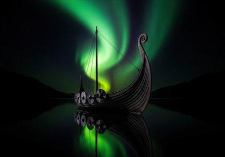 A viking longship is on a calm fjord at night. The beautiful green northern lights, or aurora borealis, are in the sky.の素材