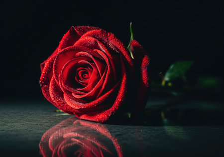 A beautiful red rose with water drops on a dark, reflective surface. This elegant and romantic image symbolizes love and passion.の素材