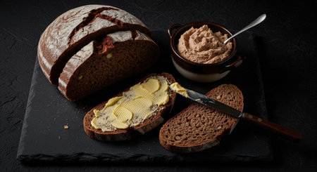 A loaf of dark rye bread, sliced and spread with fresh butter, served with a savory pate. A rustic and hearty snack on a black slate board.の素材