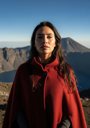 A portrait of a beautiful young woman wearing a red coat. She is standing outdoors in a dramatic volcanic mountain landscape.の素材