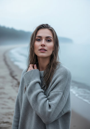Beautiful woman with wet hair in a cozy sweater standing on a foggy beach. A serene portrait on a cold and moody day.の素材