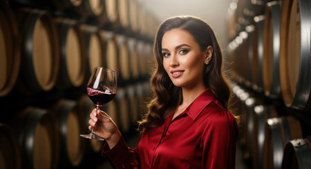 An elegant woman in a red silk shirt holds a glass of red wine. She is in a winery cellar with rows of wooden barrels.の素材