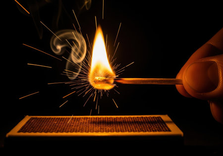 A macro close up of a matchstick igniting with sparks and a bright flame as it is struck against a matchbox in the dark.の素材