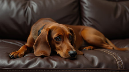 A dachshund lies stretched out on a dark brown leather sofa, looking cozy and relaxed. Its sleek body enjoys the comfort of home.の素材