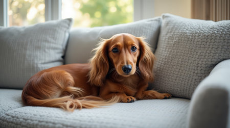A long-haired dachshund lies comfortably curled up on a soft, light knit sofa, basking in the warm sunlight coming through the window.の素材