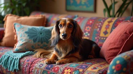A long-haired dachshund rests peacefully on a vibrant knit sofa adorned with bright pillows, embodying comfort in a warm setting.の素材