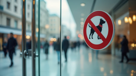 A clear glass door of a contemporary shopping mall displays a no dogs allowed sign. Shoppers walk past in a busy atmosphere.の素材