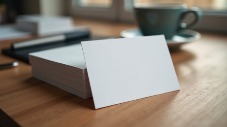 Close-up of a modern business card resting on a wooden table next to a cup of coffee, showing its minimalist and elegant design.の素材