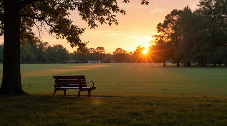 A peaceful park features a solitary bench set against a backdrop of vibrant sunset hues and lush greenery, inviting quiet reflection.の素材