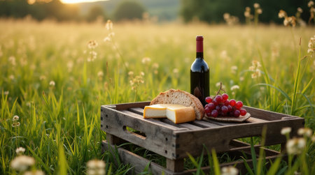 A picnic setup features a wooden crate with cheese, grapes, bread, and wine surrounded by vibrant greenery at sunset.の素材