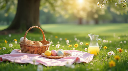 A cheerful picnic scene unfolds on a sunny green meadow with a pastel blanket, a basket of bread, and colorful painted eggs nearby.の素材