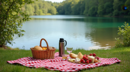 A picturesque picnic is arranged by a serene lake, showcasing a checkered blanket, food items, and beverages. Nature surrounds this peaceful setting.の素材