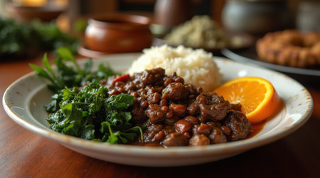 A rich plate of Brazilian feijoada features black beans, pork, and beef alongside white rice and fresh greens, offering a hearty meal.の素材