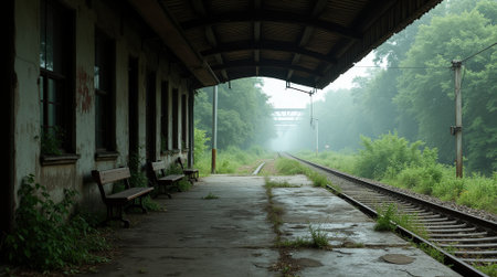 Weeds sprout between cracked concrete slabs at a deserted train station, shrouded in mist and silence, evoking a sense of lost time.の素材