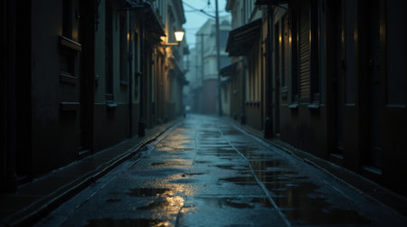 Raindrops create puddles in a quiet alleyway, reflecting soft light from streetlamps on a dreary, overcast day.の素材