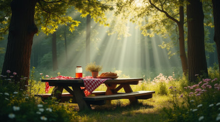 A wooden picnic table sits in a secluded forest, shaded by tall trees and illuminated by soft sunlight filtering through leaves.の素材
