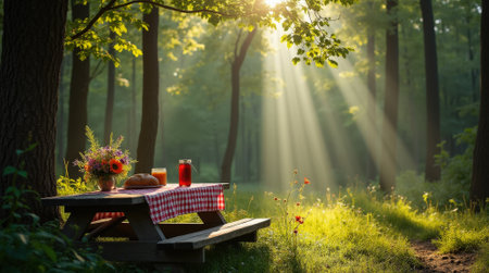 A quaint picnic table under tall trees invites visitors to enjoy a peaceful meal in a secluded forest as sunlight streams through the leaves.の素材