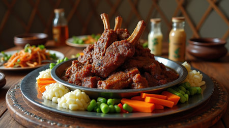 A large platter of khorkhog, featuring tender lamb, is delightfully served alongside colorful vegetables at a Mongolian gathering.の素材
