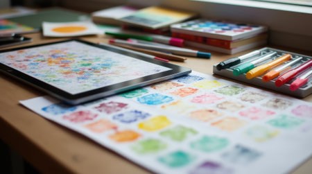 A colorful workstation displays various samples and a tablet where digital design is actively being created, reflecting a lively creative process.の素材