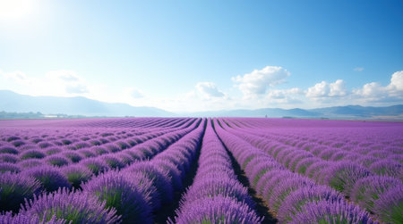 A lavender field stretches toward the vast horizon, with vibrant flowers under a sunny blue sky. Perfect for tranquil walks and nature lovers.の素材