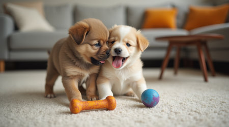 Two small puppies playfully engage with colorful chew toys on a cozy carpet in a warmly decorated living room.の素材