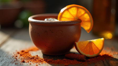 A rustic clay cup holds shimmering amber mezcal, adorned with fresh orange slices. The warm sunlight highlights the drink's rich color.の素材