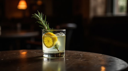 A small elegant glass of jenever showcases a refreshing blend with a sprig of rosemary and a slice of lemon.の素材